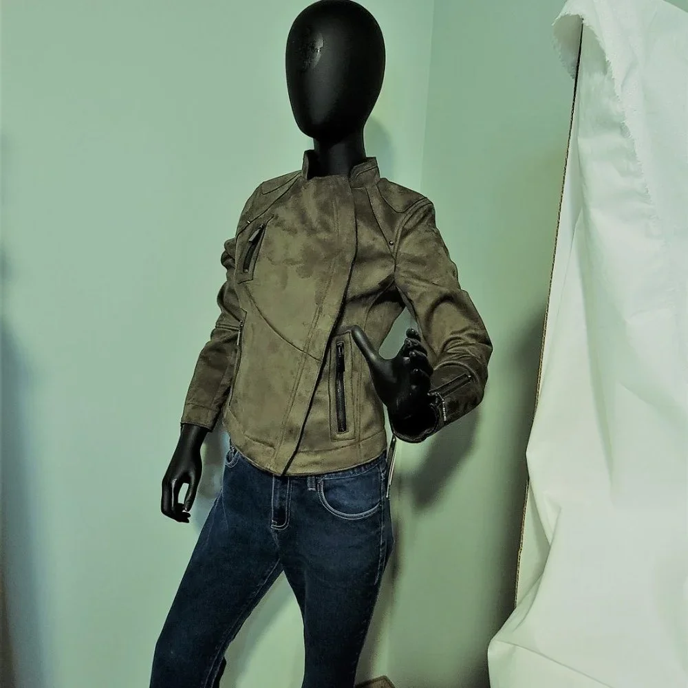 NWT Vince Camuto Woman's Olive Vegan Suede Moto Jacket - Picture 5 of 12